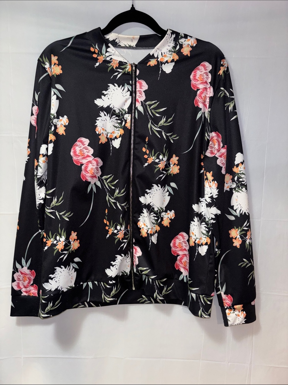 Source Unknown Black Floral Bomber Jacket with Pink & White Flowers